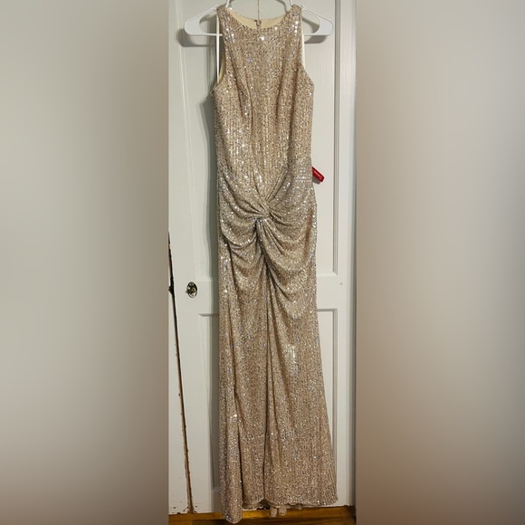 Ieena for Mac Duggal SEQUINED HIGH NECK SIDE KNOT GOWN in nude silver - Picture 4 of 11